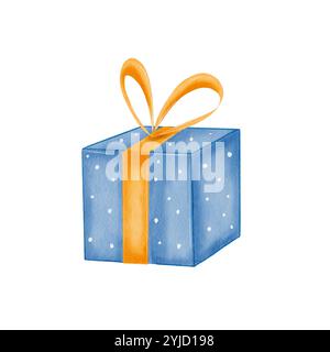 Geschenkbox. Ein blaues Geschenk mit goldener Schleife für die Feiertage. Aquarellillustration, handgezeichnet. Isoliert auf weißem Hintergrund. Element für Design, Vorlage, Grußkarten, Banner, Druck. Stockfoto