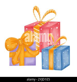 Geschenkbox. Set blau, rot und lila Geschenk mit Schleife für die Feiertage. Aquarellillustration, handgezeichnet. Isoliert auf weißem Hintergrund. Element für Design, Vorlage, Grußkarten, Banner, Druck. Stockfoto