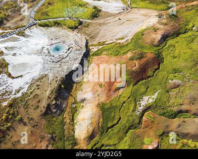 Strokkur Geysir aus der Vogelperspektive, Geysir Hot Springs, Great Geysir in Island Stockfoto