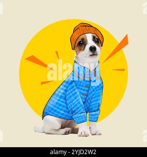 Jack Russell Terrier in blau karierter Jacke und orangefarbener Mütze, posiert vor hellem Hintergrund mit gelbem Kreis. Zeitgenössische Kunstcollage. Stockfoto