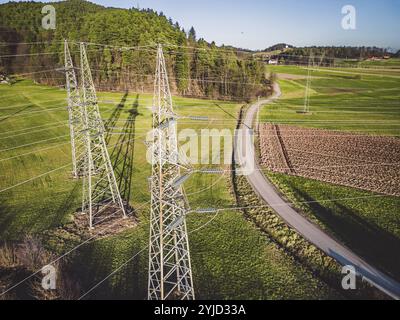 Stromunterspannwerk auf der Landesseite Sloweniens. Felder und Wälder rund um das Kraftwerk in den Vororten. Luftaufnahme Stockfoto