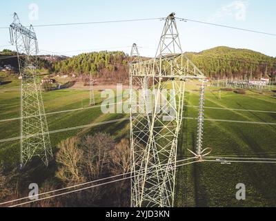 Stromunterspannwerk auf der Landesseite Sloweniens. Felder und Wälder rund um das Kraftwerk in den Vororten. Luftaufnahme Stockfoto