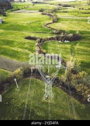 Stromunterspannwerk auf der Landesseite Sloweniens. Felder und Wälder rund um das Kraftwerk in den Vororten. Luftaufnahme Stockfoto