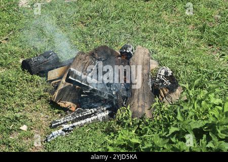 Kleines Lagerfeuer mit Rauchscheite auf einer Grasfläche Stockfoto