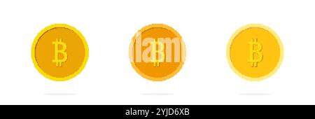 Goldenes Bitcoin-Symbol im Pixel Art Style Set. Digitale Kryptowährung für Blockchain-Transaktionen. Goldmünze für die digitale Wirtschaft. Isolierter Vektor Stock Vektor