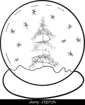 Schneekugel mit Weihnachtsbaum. Traditionelles Weihnachtsgeschenk aus Glas mit Schneeflocken. Handgezeichnet, isoliert auf weißem Hintergrund. Vektor. Zum Ausmalen von Büchern, Karten, Drucken Stock Vektor