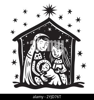 Weihnachtsgeschichte. Maria, Joseph und das Jesuskind, Sohn Gottes, Symbol des Christentums handgezeichnete Vektorillustration im Doodle-Stil Stock Vektor