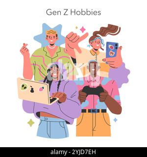 Gen Z Hobbys-Konzept. Vielfältige junge Erwachsene, die moderne Aktivitäten wie Gaming, soziale Medien und Bloggen ausüben. Technologisch versierte Generierung. Vektorabbildung. Stock Vektor