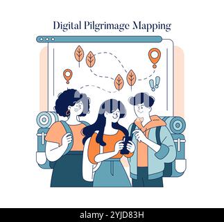 Pilgerkonzept. Gruppe von Reisenden mit digitaler Karte, die eine spirituelle Reise planen. Moderne religiöse Reiseerfahrung. Vektorabbildung. Stock Vektor
