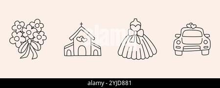 Hochzeit Hand gezeichnet Doodle Icon Set - Blumenstrauß, Kleid, Kirche, Auto. Skizzieren Sie im organischen Stil Vektor-Heiratssymbol auf weißem Hintergrund für Stock Vektor