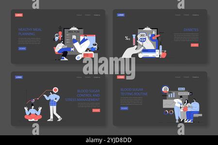Diabetes-Management-Set. Management von Diät, Medikamenten, Stress und Blutzuckertests. Ein ganzheitlicher Ansatz in der Diabetesversorgung. Vektorabbildung. Stock Vektor
