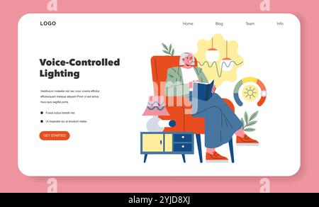 Smart-Home-Konzept mit sprachgesteuerter Beleuchtung für eine entspannte Person in einem gemütlichen Raum. Moderne Heimautomatisierung, Technologieintegration. Vektorabbildung. Stock Vektor