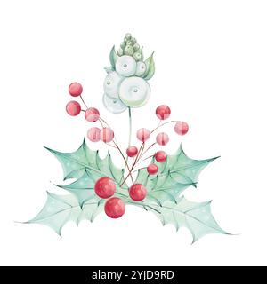 Weihnachtliches Aquarellstrauß mit holly-grünen Blättern und roten Beeren. Winterkomposition, Einrichtung. Handgezeichnete Illustration für Design und Druck Stock Vektor
