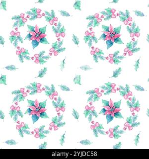 Weihnachtsstern mit stechpalmenblättern-Aquarellmuster Stockfoto