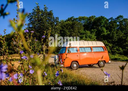 Ein Orange-weisser VW Bus Bulli steht auf einem Schotterparkplatz an einem Sommermorgen, Baden Württemberg, Deutschland. Ein Bulli steht in der Landschaft *** ein orange-weißer VW-Bus steht an einem Sommermorgen auf einem Schotterparkplatz, Baden-Württemberg, Deutschland Ein Van steht in der Landschaft Stockfoto