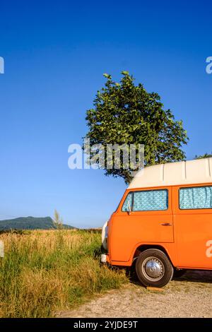 Ein Orange-weisser VW Bus Bulli steht auf einem Schotterparkplatz an einem Sommermorgen, Baden Württemberg, Deutschland. Ein Bulli steht in der Landschaft *** ein orange-weißer VW-Bus steht an einem Sommermorgen auf einem Schotterparkplatz, Baden-Württemberg, Deutschland Ein Van steht in der Landschaft Stockfoto