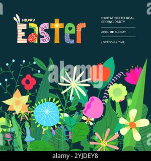 Das quadratische Banner zur Ankündigung der Feiertagsparty „Happy Easter“. Traditionelle Weihnachtsgrußkarte für religiöse Pessach-Feierlichkeiten im Frühling. Heller, festlicher, moderner Rahmen mit Blumen. Farbenfrohes Paschal-EPS-Design Stock Vektor