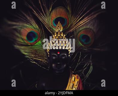 Lachendes buddha-Idol mit Pfauenfeder im Hintergrund. Wunderschönes Bild von buddha in ruhigem meditiertem Zustand. Friedlicher und entspannender Zen-Hintergrund. Stockfoto