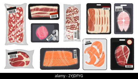 Fleisch und Meeresfrüchte in der Verpackung. Cartoon Rindfleisch Schweinefleisch Fisch Filet Vakuum Reißverschluss Plastikfolie, frische Rohkost im Supermarkt. Vektor-isolierter Satz Stock Vektor