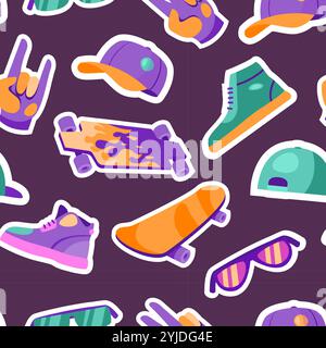 Skateboard-Muster. Nahtloser Druck von Streetsport Skateboarderausrüstung, Hintergrund für Kinder für T-Shirt-Design. Vektortextur Stock Vektor