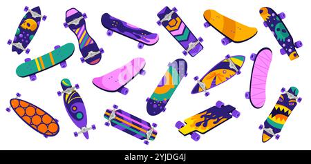 Zeichentrickskateboards. Retro-Holzbretter mit Rädern, Skateboard- und Longboard-Modelle für Straßensport, Freizeit und Jugendkultur. Vektor Stock Vektor