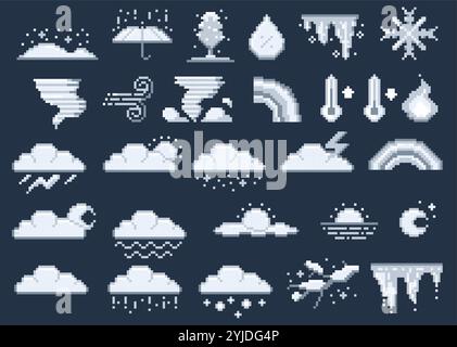 8-Bit-Wettersymbole. Wettersymbole im Retro-Spiel, Sonnenwolken, Regen und Schnee, Wettervorhersage und Klimaanzeige. Vektor-isolierter Satz Stock Vektor