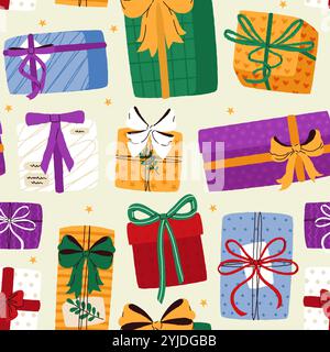 Geschenkverpackung. Nahtloser Druck von bunten Verkaufstaschen, Weihnachtsgeschenk-Verpackung mit Bändern für Werbebanner. Vektortextur. Stock Vektor