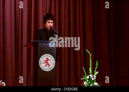 Johnny Marr hielt einen Vortrag an der Salford University als Gastprofessor für Musik am 4. November 2008 in Salford, Greater Manchester, England, Vereinigtes Königreich. Stockfoto