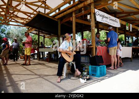 Lady spielt Gitarre auf einem Samstagmorgen Markt in Greyton Town, Südafrika Stockfoto