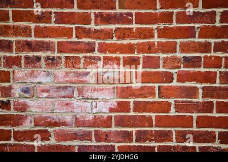 Rote Ziegelwand mit Mörtelstruktur in Augenhöhe Stockfoto