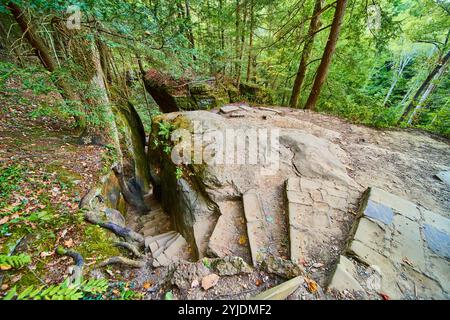 Antike Steintreppe im üppigen Walddach mit Blick auf Augenhöhe Stockfoto