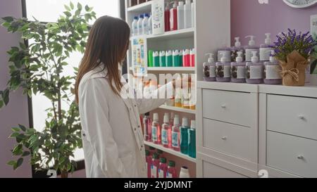 In einer Apotheke untersucht eine junge Frau mit blondem Haar und weißem Fell Produkte auf den Regalen, umgeben von verschiedenen Flaschen und einer Topfpflanze in der Nähe Stockfoto