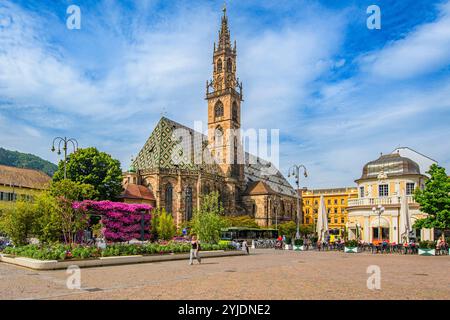 BOZEN, ITALIEN – 27. AUGUST 2024: Der Bozner Dom mit seiner gotischen Architektur und dem hohen Turm ist ein Zeugnis der kulturellen Kultur der Stadt Stockfoto