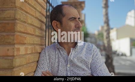 Ein hispanischer Mann mittleren Alters mit Glatzkopf steht draußen auf einer Straße der Stadt und lehnt sich an einem sonnigen Tag an eine Ziegelmauer und trägt ein gepunktetes Hemd. Stockfoto