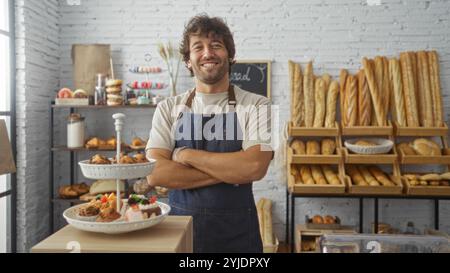 Junger Mann in einer Bäckerei mit überkreuzten Armen lächelnd, umgeben von verschiedenen Brotsorten und Gebäck Stockfoto