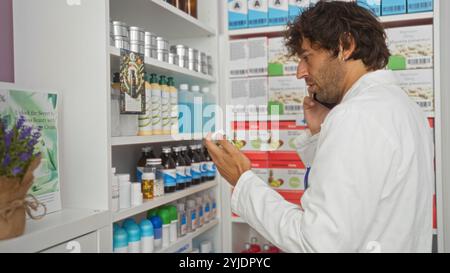 Junger Apotheker im weißen Mantel, der am Telefon spricht, während er die Arzneiflasche in der Apotheke mit Regalen mit verschiedenen Gesundheitsprodukten und untersucht Stockfoto