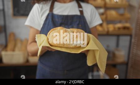 Frau, die frisch gebackenes Brot in einer rustikalen Bäckerei hält, trägt eine blaue Schürze und ein weißes Hemd mit Regalen voller Brot im Hintergrund Stockfoto