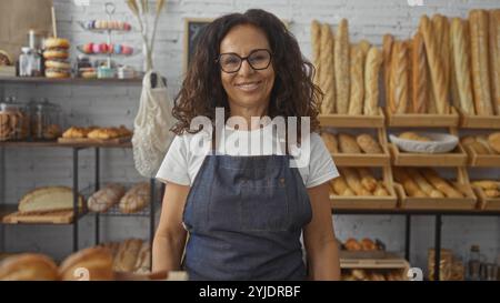 Frau, die in einer Bäckerei steht, mit Brille und Schürze, umgeben von Regalen, die mit verschiedenen Brotsorten gefüllt sind Stockfoto