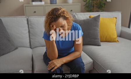 Reife hispanische Frau mit lockigen Haaren sitzt in einem Wohnzimmer und sieht gestresst aus, trägt ein blaues Hemd, umgeben von einem gemütlichen Innenraum. Stockfoto