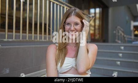 Junge attraktive blonde Frau lächelt draußen in einer urbanen Straßenlage und zeigt ihre Schönheit und ihren Charme, während sie selbstbewusst auf einer Stadtstraße posiert Stockfoto