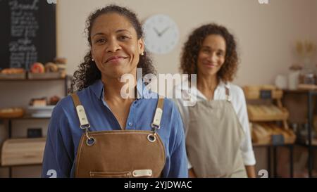 Bäckerinnen stehen in einer Bäckerei mit Brotpräsentation im Hintergrund und lächeln selbstbewusst in ihren Schürzen Stockfoto