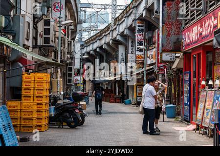 Tokio, Japan - 6. August 2024: Ameyoko, ein lebhafter Straßenmarkt in Ueno, Tokio, bietet geschäftige Geschäfte, Imbissstände und lokale Waren. Aufnahme der liv Stockfoto