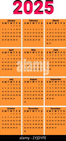 Kalender 2025 mit orangefarbenem Hintergrund für jeden Monat Stock Vektor