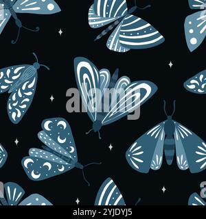 Elegantes himmlisches nahtloses Muster mit Kräutern. Boho-magischer Hintergrund mit Weltraumelementen Sterne, Schmetterlinge. Design für Karte, Stoff, Druck, Gruß, Tuch, Poster, Kleidung, Textil. Vektorabbildung Stock Vektor