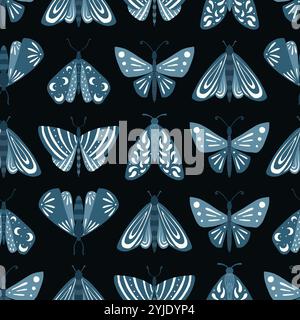 Elegantes himmlisches nahtloses Muster mit Kräutern. Boho-magischer Hintergrund mit Weltraumelementen Sterne, Schmetterlinge. Design für Karte, Stoff, Druck, Gruß, Tuch, Poster, Kleidung, Textil. Vektorabbildung Stock Vektor