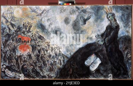 Moses und die Anbetung des Goldenen Kalbes. Museum: PRIVATE SAMMLUNG. Autor: MARC CHAGALL. Copyright: Dieses Bildmaterial ist nicht gemeinfreie Inhalte. Es liegt in Ihrer Verantwortung, vor der Veröffentlichung alle erforderlichen Genehmigungen Dritter vom Urheberrechtler in Ihrem Land einzuholen. Stockfoto