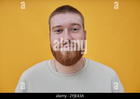 Porträt eines positiven jungen rotbärtigen Mannes, der in die Kamera lächelt, während er im Studio, im Kopierraum vor einem leuchtend gelben Hintergrund steht Stockfoto
