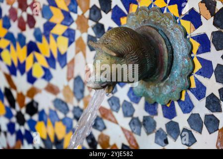 Anna, Valencia, Spanien - 27. Oktober 2024: Brunnen mit Mosaikfliesen des Schlosspalastes der Grafen von Cervellon in Anna Stadt, Valencia Stockfoto