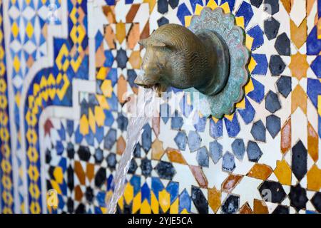 Anna, Valencia, Spanien - 27. Oktober 2024: Brunnen mit Mosaikfliesen des Schlosspalastes der Grafen von Cervellon in Anna Stadt, Valencia Stockfoto