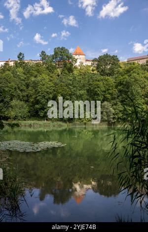 Die alte herzogliche Stadt Burghausen liegt im oberbayerischen Landkreis Altötting und an der Salzach, die die Grenze zu Österreich bildet Stockfoto